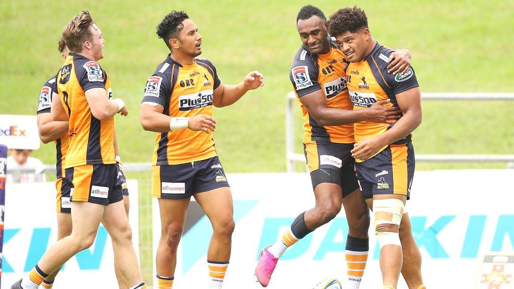 The Brumbies celebrate a try in their win over the Sunwolves