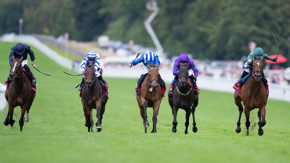 Al Husn (centre) beats Above The Curve (far left) and Nashwa (right) in the Nassau Stakes