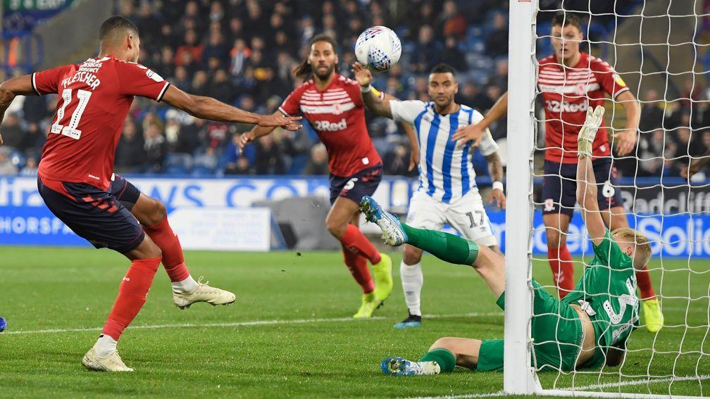 Middlesbrough's Ashley Fletcher shoots against Huddersfield Town