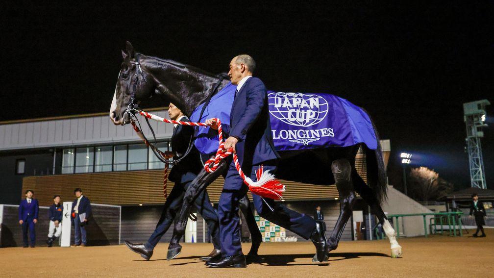 Equinox is paraded during his retirement ceremony at Nakayama Racecourse