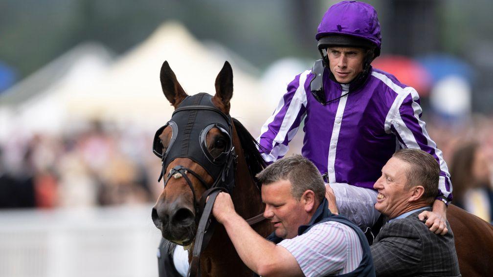 Merchant Navy and Ryan Moore with Pat Keating and groom David Hickey after winning the Diamond Jubilee Stakes