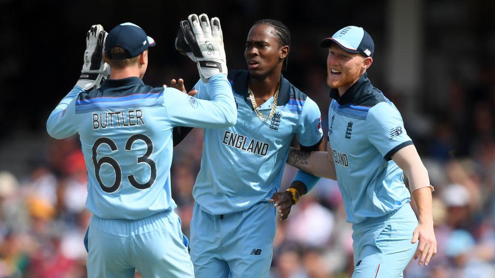 Jofra Archer (centre) should add to his World Cup wickets tally against Afghanistan