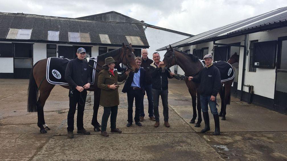 Moon Racer (left) and Un Temps Pour Tout with (from left) Oliver Defew, Caroline Tisdall, Tom Scudamore, David Pipe, Bryan Drew and Gerry Supple