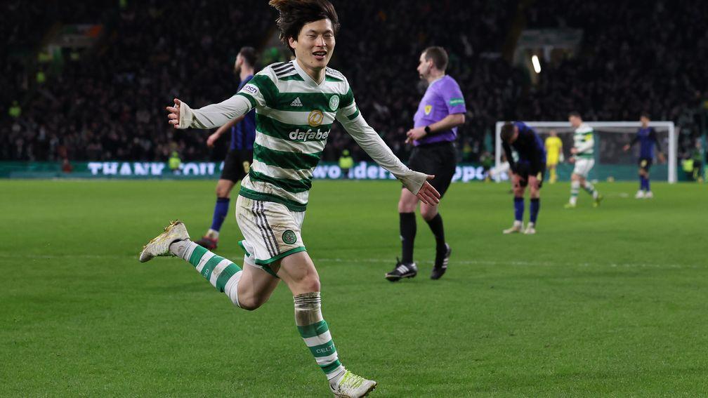 Kyogo Furuhashi celebrates after finding the net against Hearts