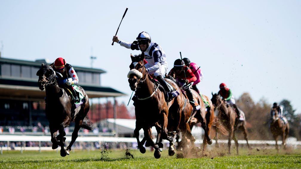 Glass Slippers, ridden by Tom Eaves, wins the Breeders' Cup Turf Sprint at Keeneland in 2020