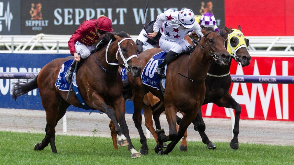 Sunlight (white cap) fends off the challenges of Zousain (maroon cap) and Lean Mean Machine (blinkers) to land the Group 1 Coolmore Stud Stakes