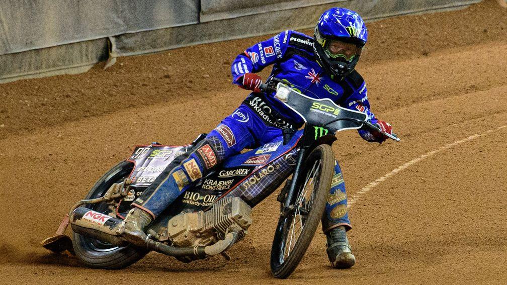Dan Bewley in action on the way to victory at the Speedway Grand Prix of Great Britain