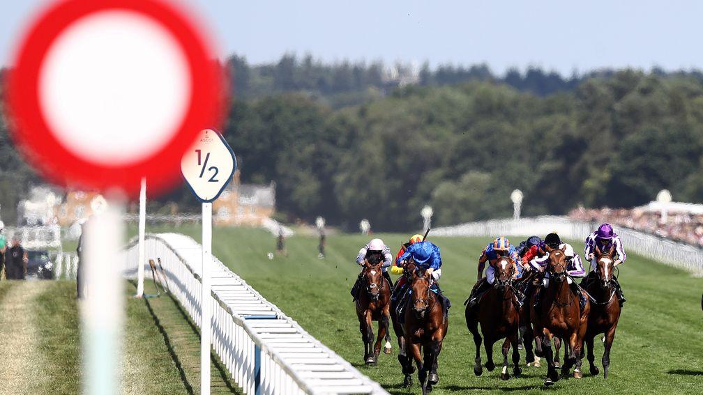 Old Persian (blue) heads for the winning post in the King Edward VII Stakes