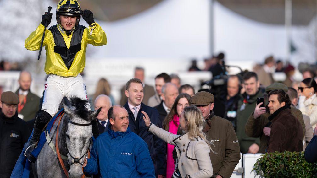 Freddie Gingell celebrates his famous Clarence House Chase triumph on Elixir De Nutz