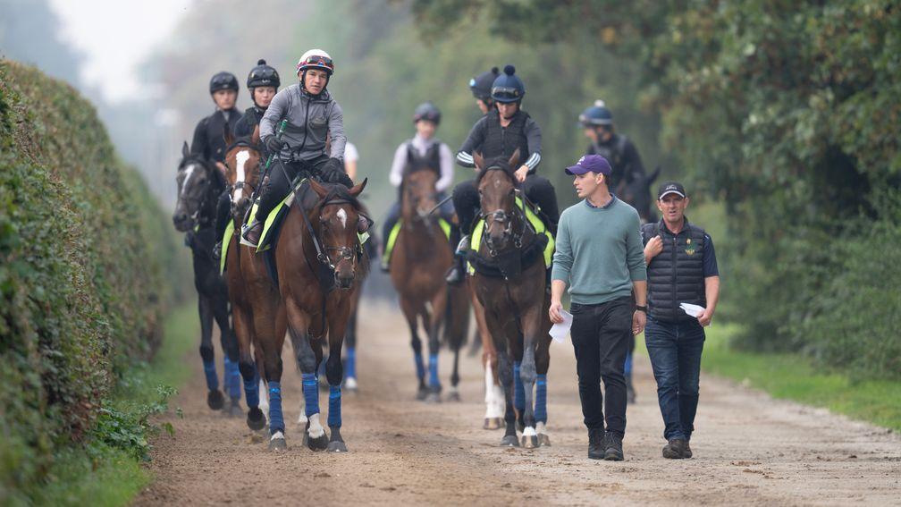 Nashwa and Ben de Paiva with Thady Gosden and Barry O'Dowd as the Gosden string walks to the Al Bahathri gallops