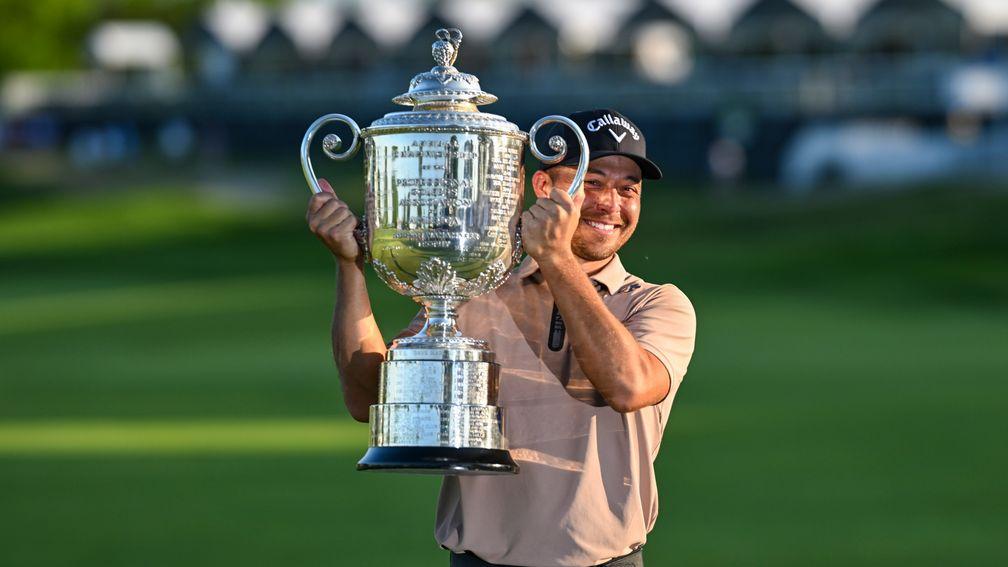 Xander Schauffele lifts the Wanamaker Trophy after his US PGA Championship glory on Sunday