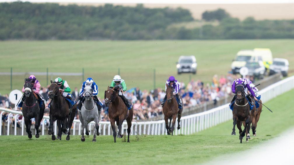 Run To Freedom (green colours - centre) finishes second in the July Cup
Newmarket 15.7.23 Pic: Edward Whitaker
