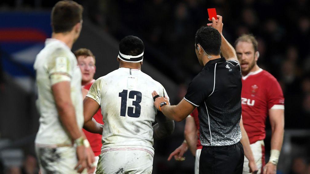 England's Manu Tuilagi is shown a red card in last year's Six Nations