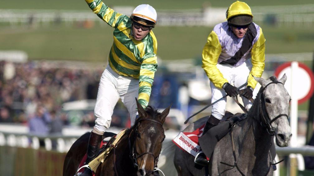 Glory days: Baracouda lands the 2003 Stayers' Hurdle for father and son Francois and Thierry Doumen