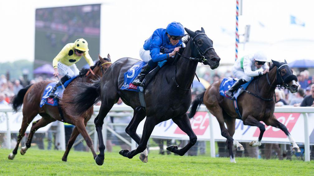 Devoted Queen (blue) could head to Royal Ascot after making it three from three in the Sky Bet Fillies' Stakes