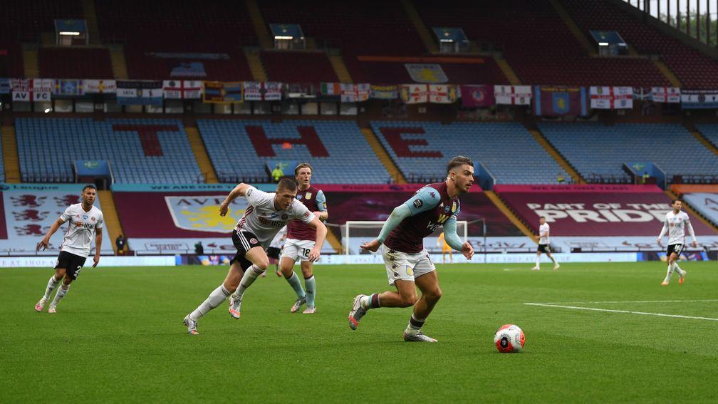 Jack Grealish of Aston Villa runs with the ball against Sheffield United at Villa Park
