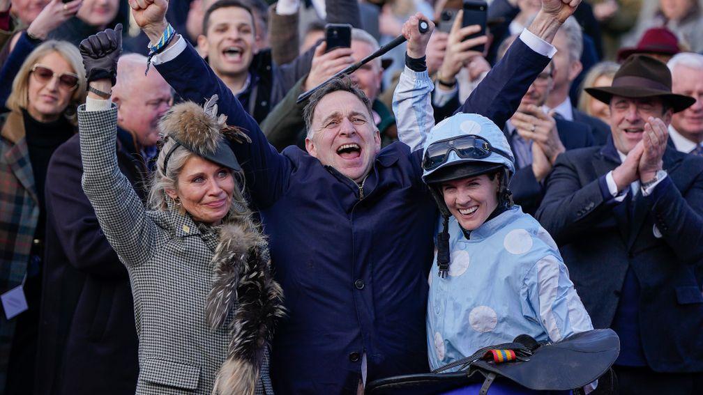 Henry and Heather de Bromhead celebrate with Rachael Blackmore after Honeysuckle's epic fourth Cheltenham Festival victory