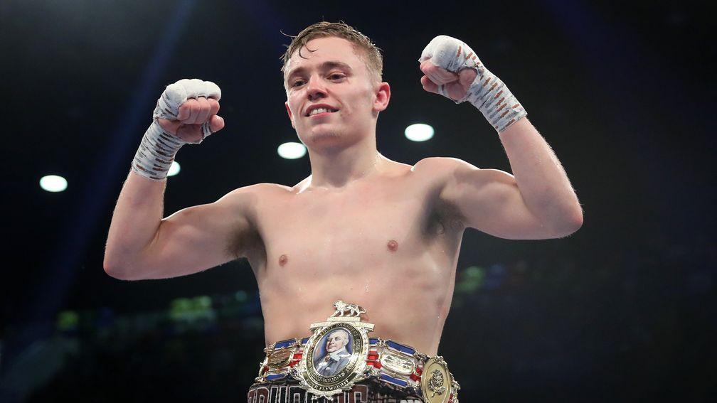 Sunny Edwards poses with the belt after winning the British Super-Flyweight title
