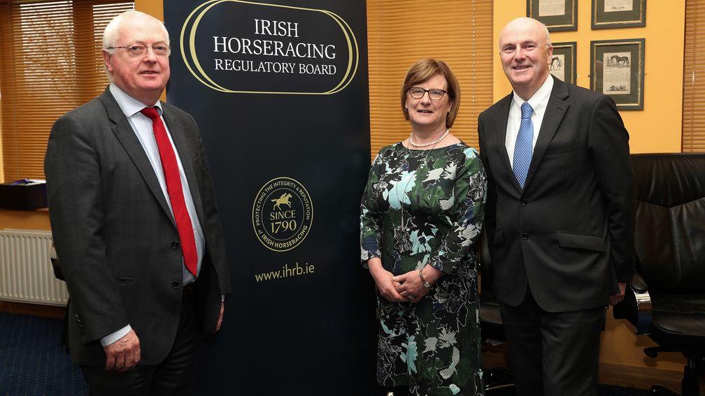 Peter Allen, who will be chairman of IHRB, Meta Osborne, Turf Club Senior Steward, and Denis Egan, CEO of the Turf Club, at the announcement of the Irish Horse Racing Regulatory Board
