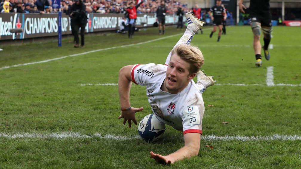 Rob Lyttle dives over to score Ulster's second try against Bath at the Rec on Saturday