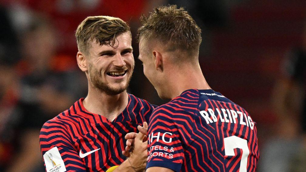 Timo Werner congratulates RB Leipzig's Super Cup hat-trick hero Dani Olmo