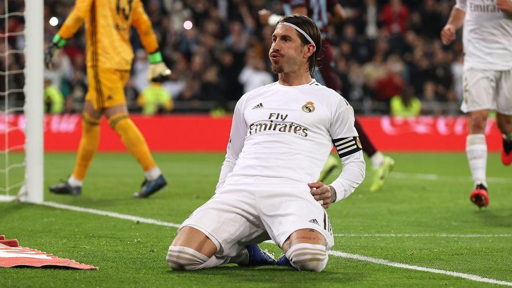 Sergio Ramos of Real Madrid celebrates scoring a goal