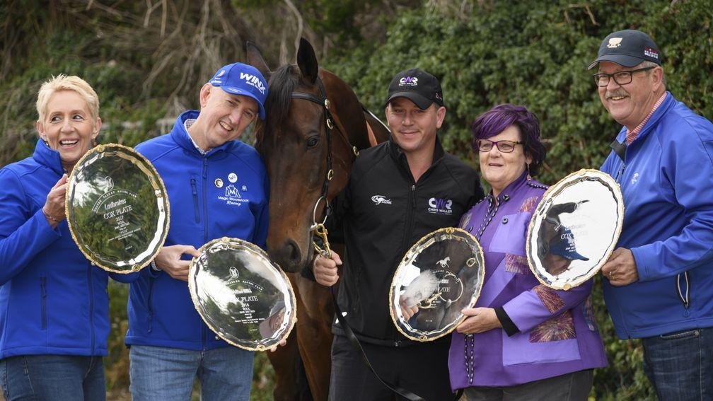 Winx and connections with her four Cox Plates, (l-r) Patricia and Peter Tighe, groom Umut Odemislioglu, Debbie Kepitis and her husband Paul