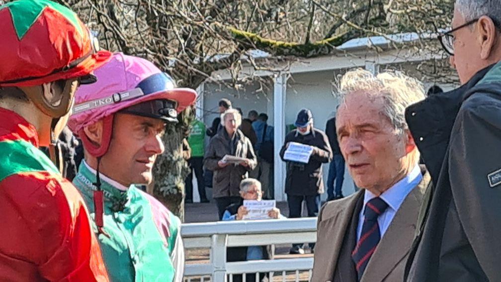 Olivier Peslier and Andre Fabre in the parade ring at Saint-Cloud before Agave's impressive success