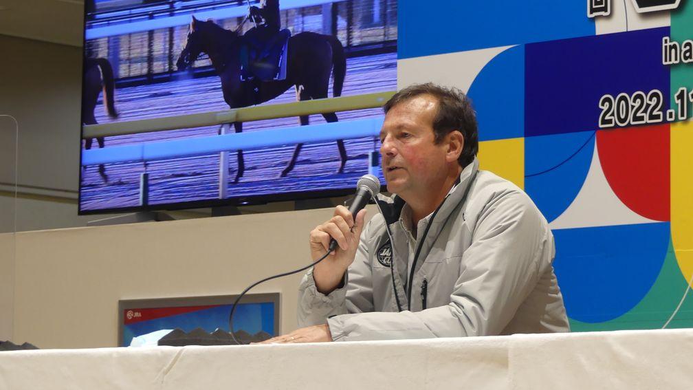 Stephane Wattel during a press conference ahead of Simca Mille's run in the 2022 Japan Cup