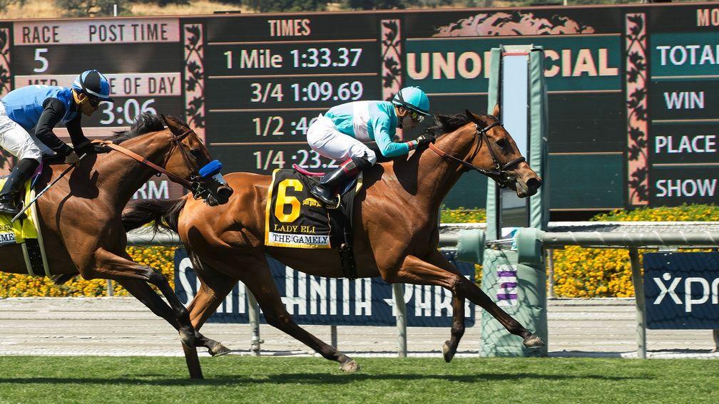 Lady Eli (Irad Ortiz) holds Goodyearforroses to claim the Gamely by a long-looking half-length