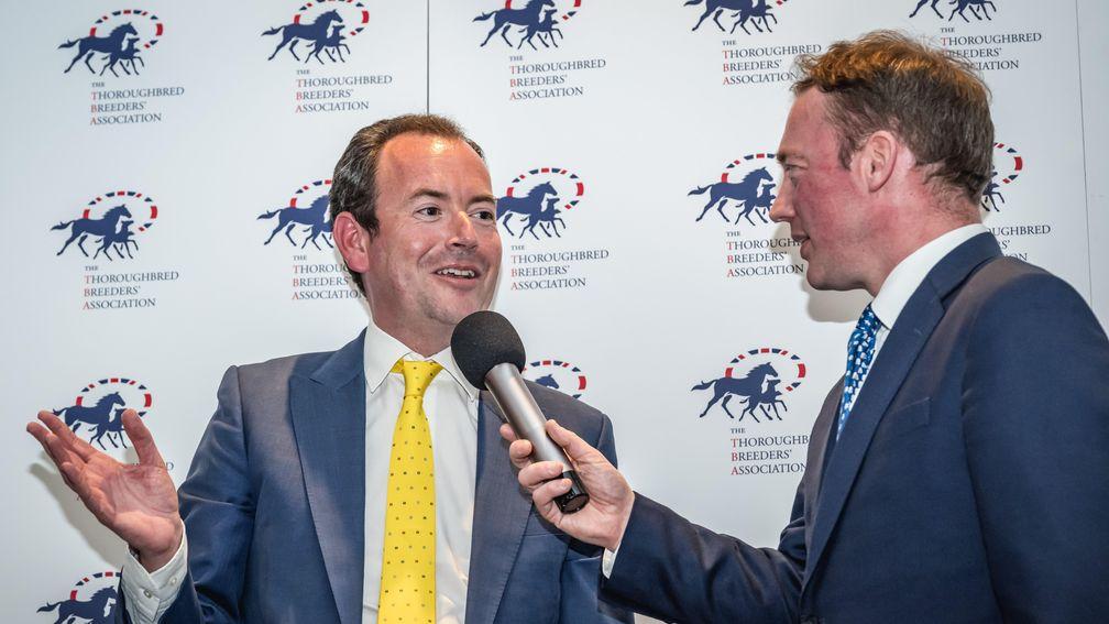 Nick Luck, with Bernard Condren, after being presented with the Queen Mother’s Silver Salver at the TBA National Hunt Breeders’ Awards