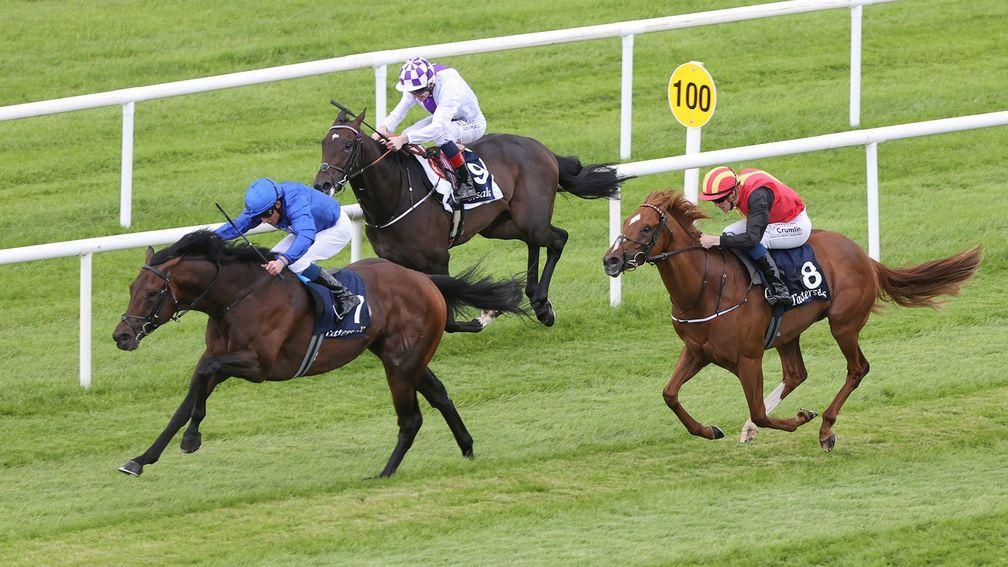 New Energy (near side, red and yellow cap): finished second to Native Trail in the Irish 2,000 Guineas