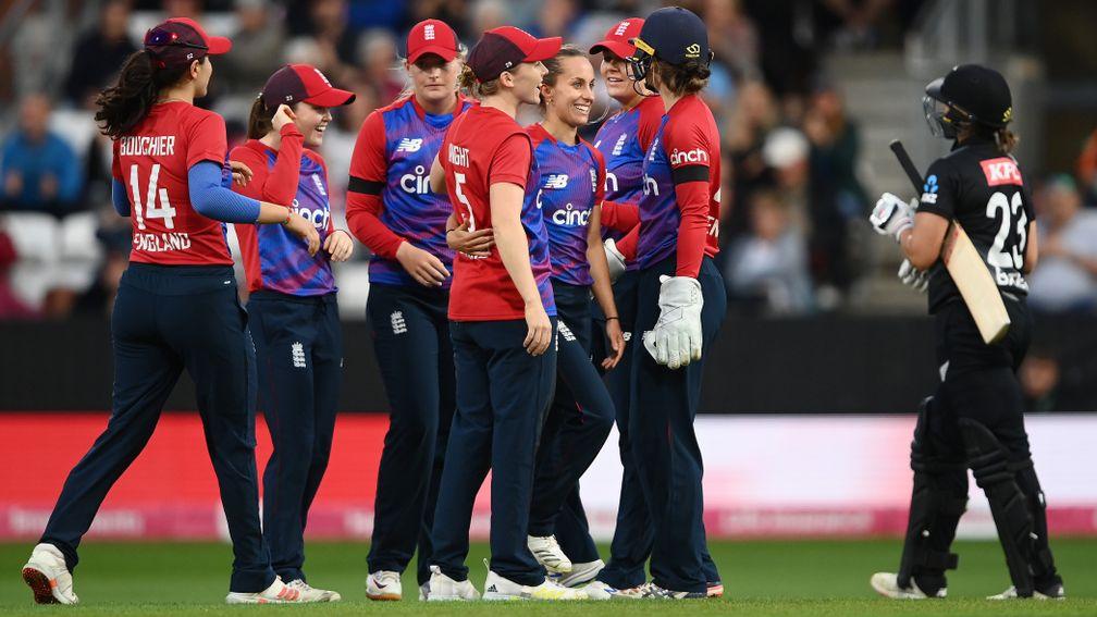 England celebrate the wicket of New Zealand's Suzie Bates during the T20 series