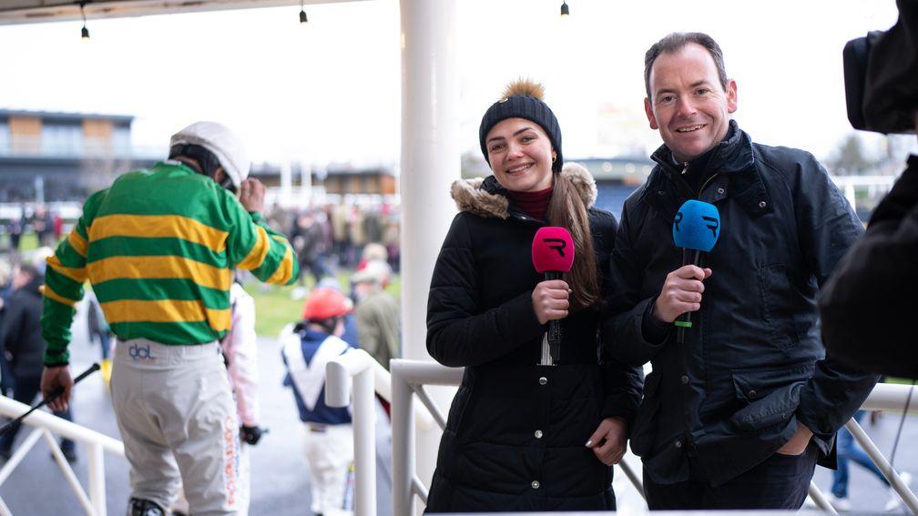 Nick Luck and Megan Nicholls look after Racing TV's coverage on the channel's final day at Newbury