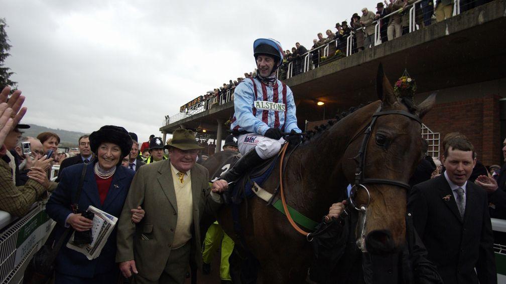 The trainer celebrates with husband Terry Biddlecombe and jockey Jim Culloty after Best Mates's third Gold Cup win in 2002