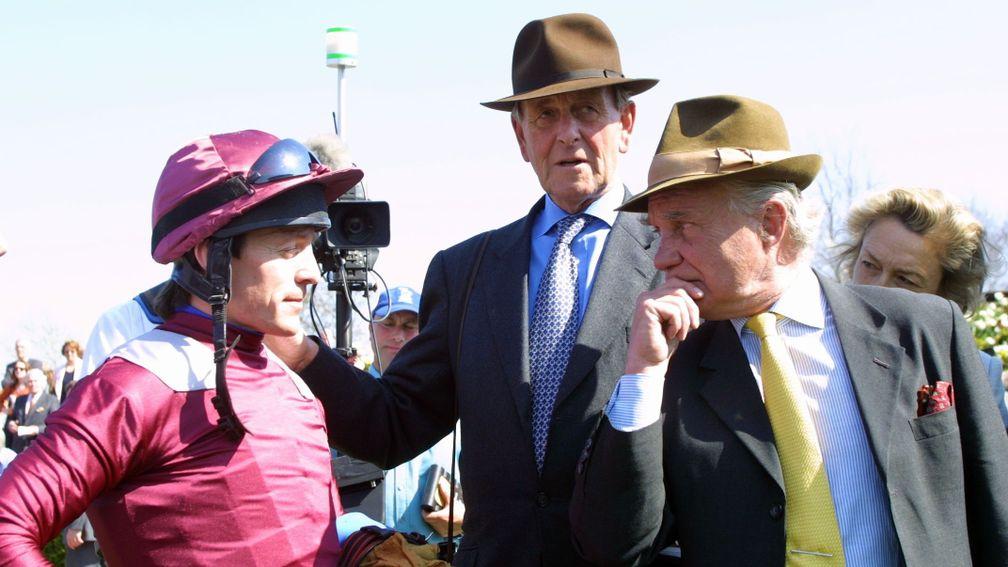 Major Johnnie Lewis (right): pictured with John Dunlop and Kieren Fallon in the parade ring after Olden Times won the 2003 Earl Of Sefton Stakes at Newmarket