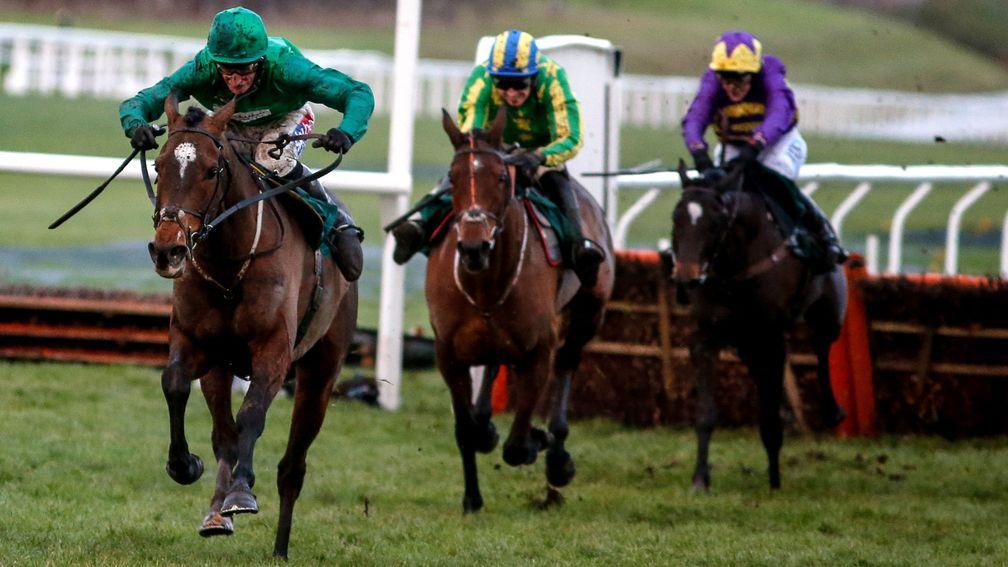 Wholestone (Daryl Jacob) heads up the run-in clear of third-placed Colin's Sister and Agrapart (right) in the Relkeel Hurdle at Cheltenham on Monday