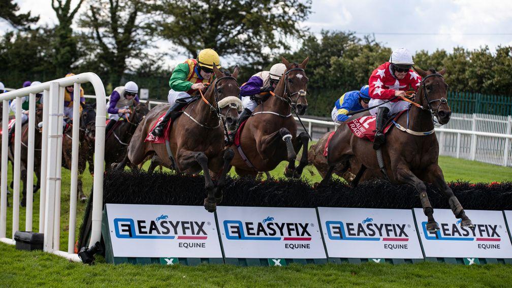 Nodoubtaboutthat (right): clears a hurdle en route to winning the opener at Galway