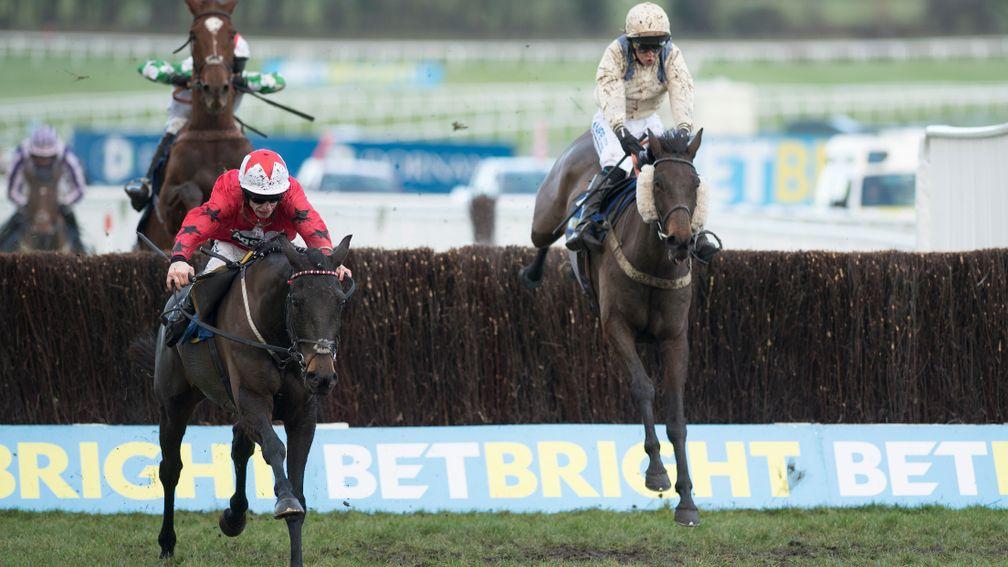 Ballyhill (Jamie Bargary) runs on from the last fence and beats Shantou Flyer in the 2m 4f handicap chaseCheltenham 1.1.18 Pic: Edward Whitaker