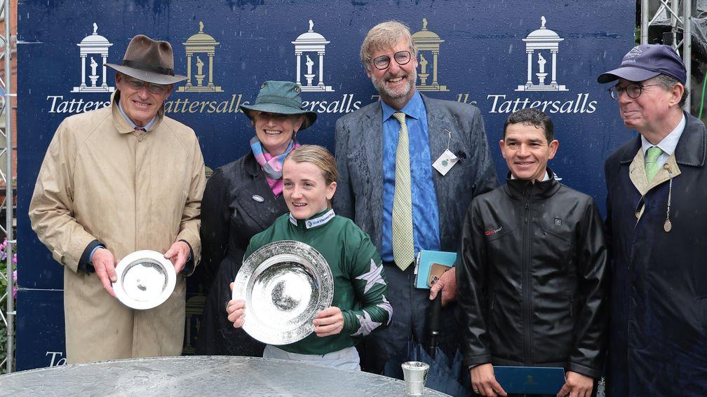 Winning connections: John Gosden (left) and Hollie Doyle (centre) with their Falmouth Stakes prizes