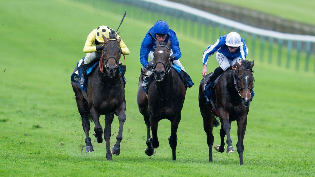 Boiling Point (left) beats Queen Of Zafeen (right) and Bold Style in the King Charles II Stakes
