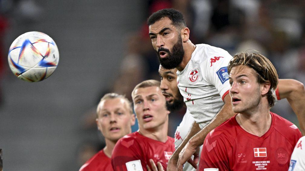 Yassine Meriah (white shirt) helped Tunisia frustrate Denmark