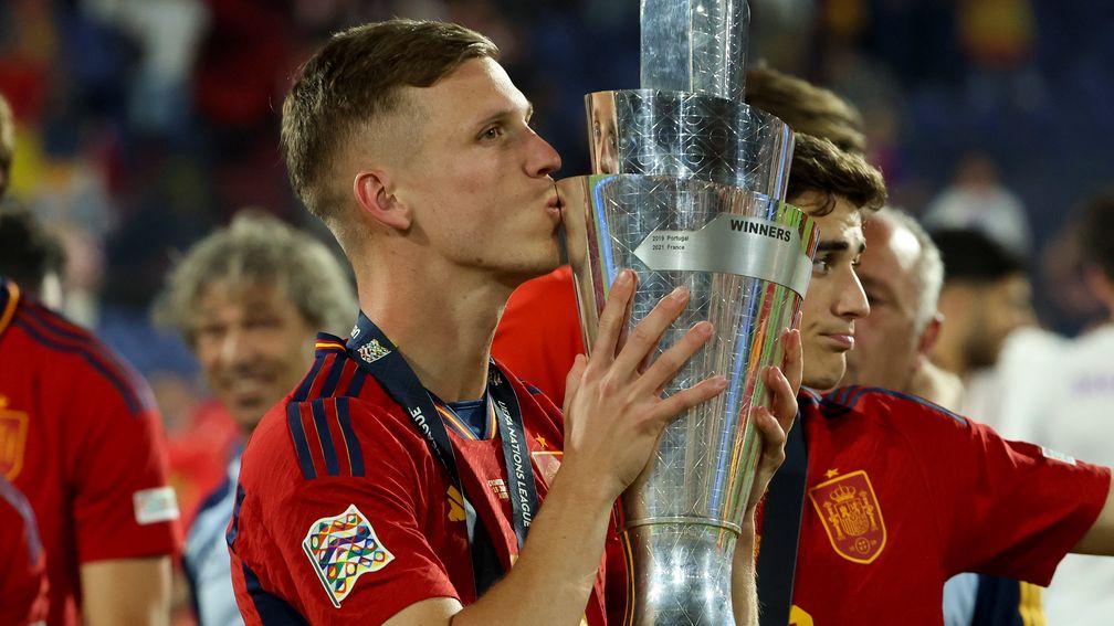 Dani Olmo celebrates Spain's victory in the Nations League final