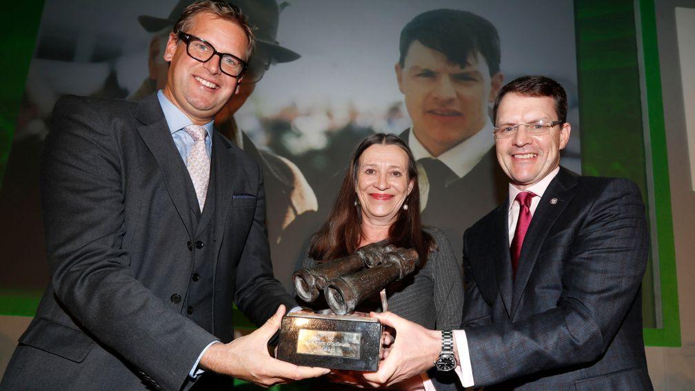 Ed Chamberlin and Caroline McIlvanney presenting Aidan O'Brien with The Sir Peter O'Sullevan Award