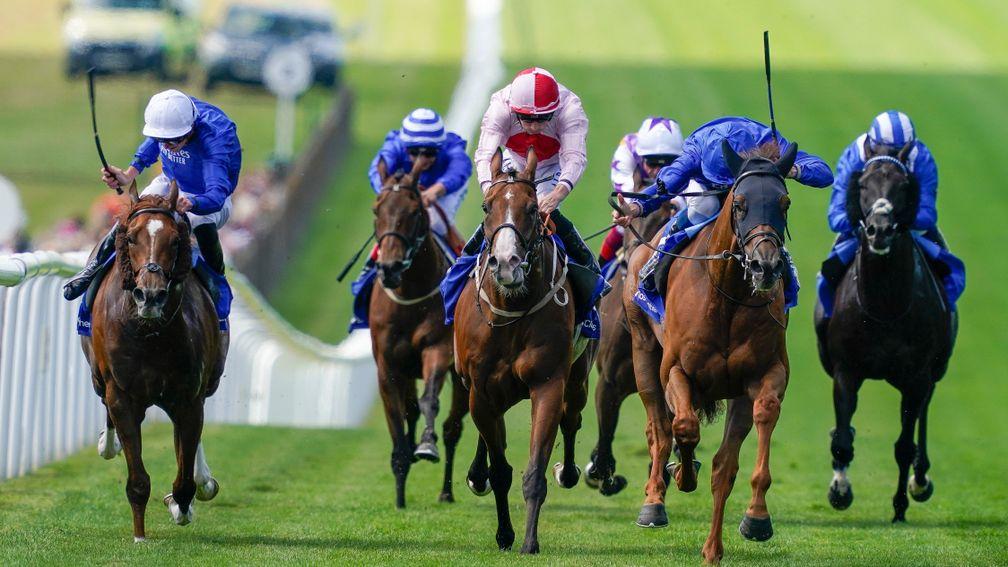 NEWMARKET, ENGLAND - JULY 07: William Buick riding Yibir (all blue) win The Princess Of Wales's Close Brothers Stakes at Newmarket Racecourse on July 07, 2022 in Newmarket, England. (Photo by Alan Crowhurst/Getty Images)