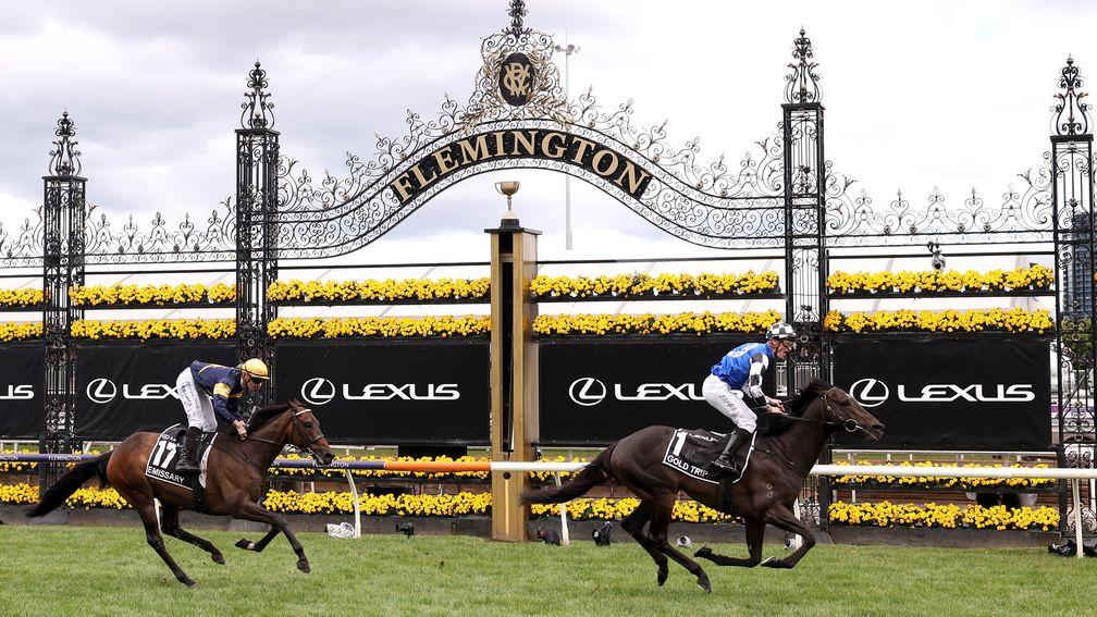 MELBOURNE, AUSTRALIA - NOVEMBER 01: Mark Zahra riding Gold Trip winning Race 7, the Lexus Melbourne Cup, during 2022 Melbourne Cup Day at Flemington Racecourse on November 01, 2022 in Melbourne, Australia. (Photo by Jonathan DiMaggio/Getty Images for VRC)