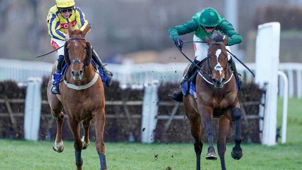 SUNBURY, ENGLAND - FEBRUARY 25: Daryl Jacob riding Nusret (green) clear the last to win The Coral Adonis Juvenile Hurdle at Kempton Park on February 25, 2023 in Sunbury, England. (Photo by Alan Crowhurst/Getty Images)