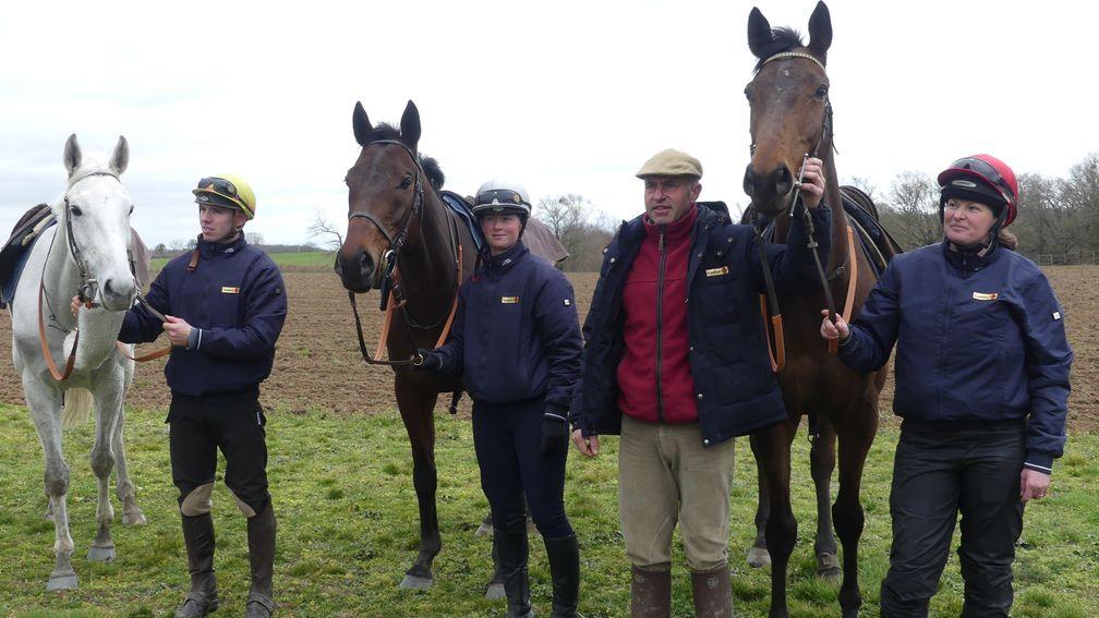 French trainer Emmanuel Clayeux (wearing cap) with his three challengers for the Glenfarclas Cross Country Chase: (L-R) Diesel D'Allier, Arlequin D'Allier and Urgent De Gregaine