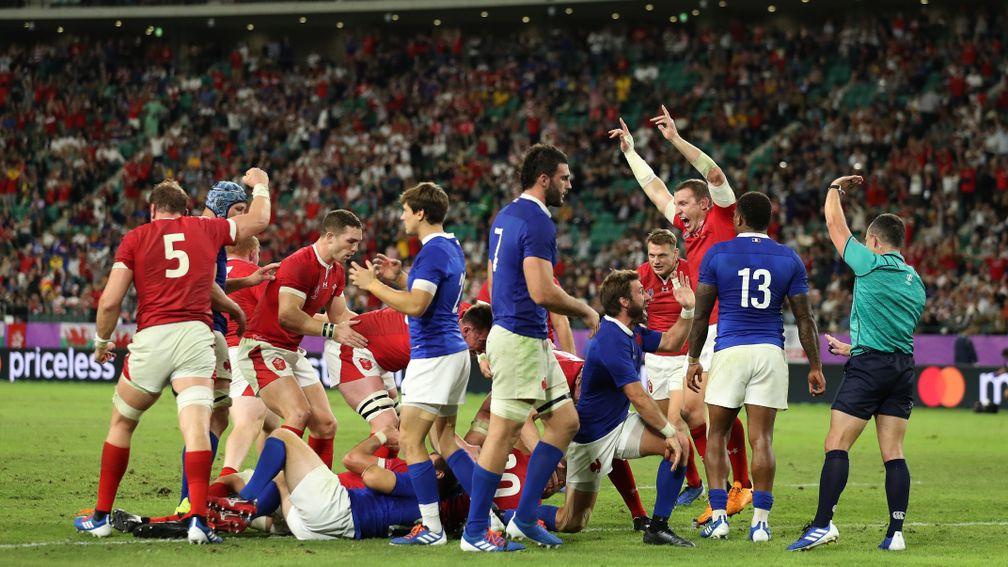 Wales celebrate Ross Moriarty's try in their World Cup quarter-final win over France
