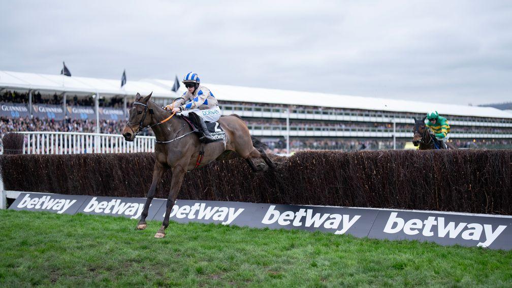 Captain Guinness (Rachael Blackmore) jumps the last fence to win the Champion Chase